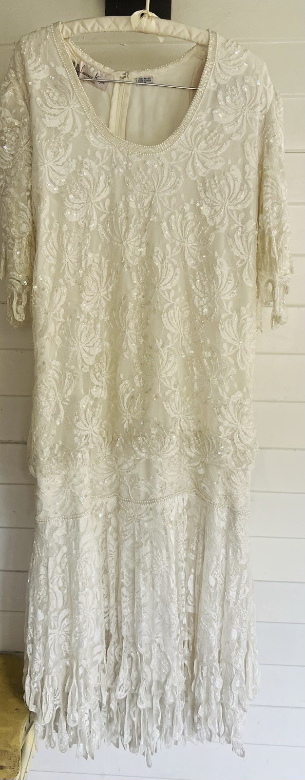 Laurence Kazar 80’s White Lace Heavily Beaded Pearl Wedding Dress Sz M Flapper