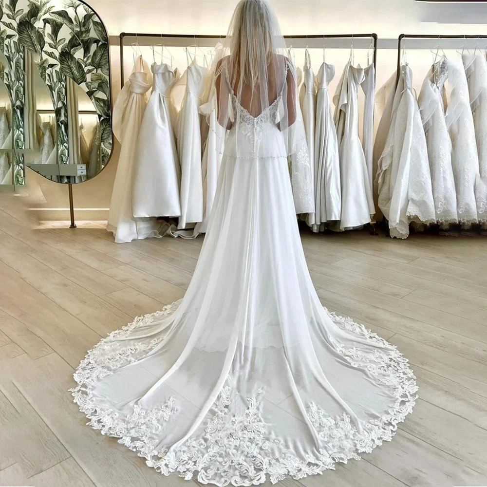 Beach Chiffon Wedding Dresses with Slit Lace V Neck Backless A Line Bridal Gowns