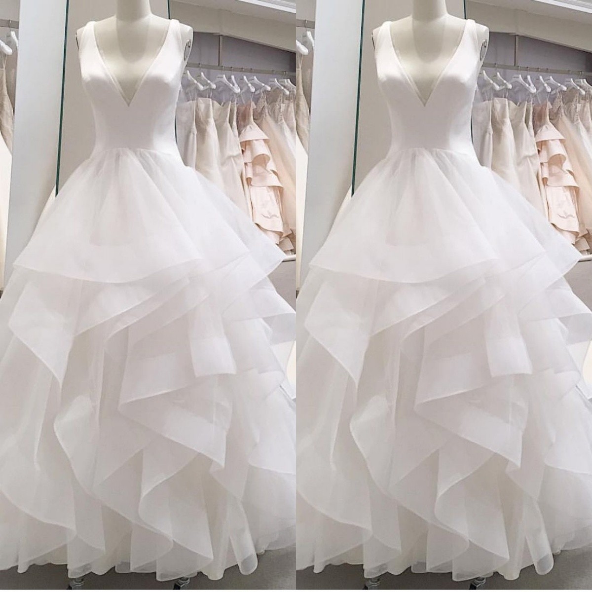 Ruffles Wedding Dresses V Nec k Sleeveless Simple White Ivory Bridal Gowns