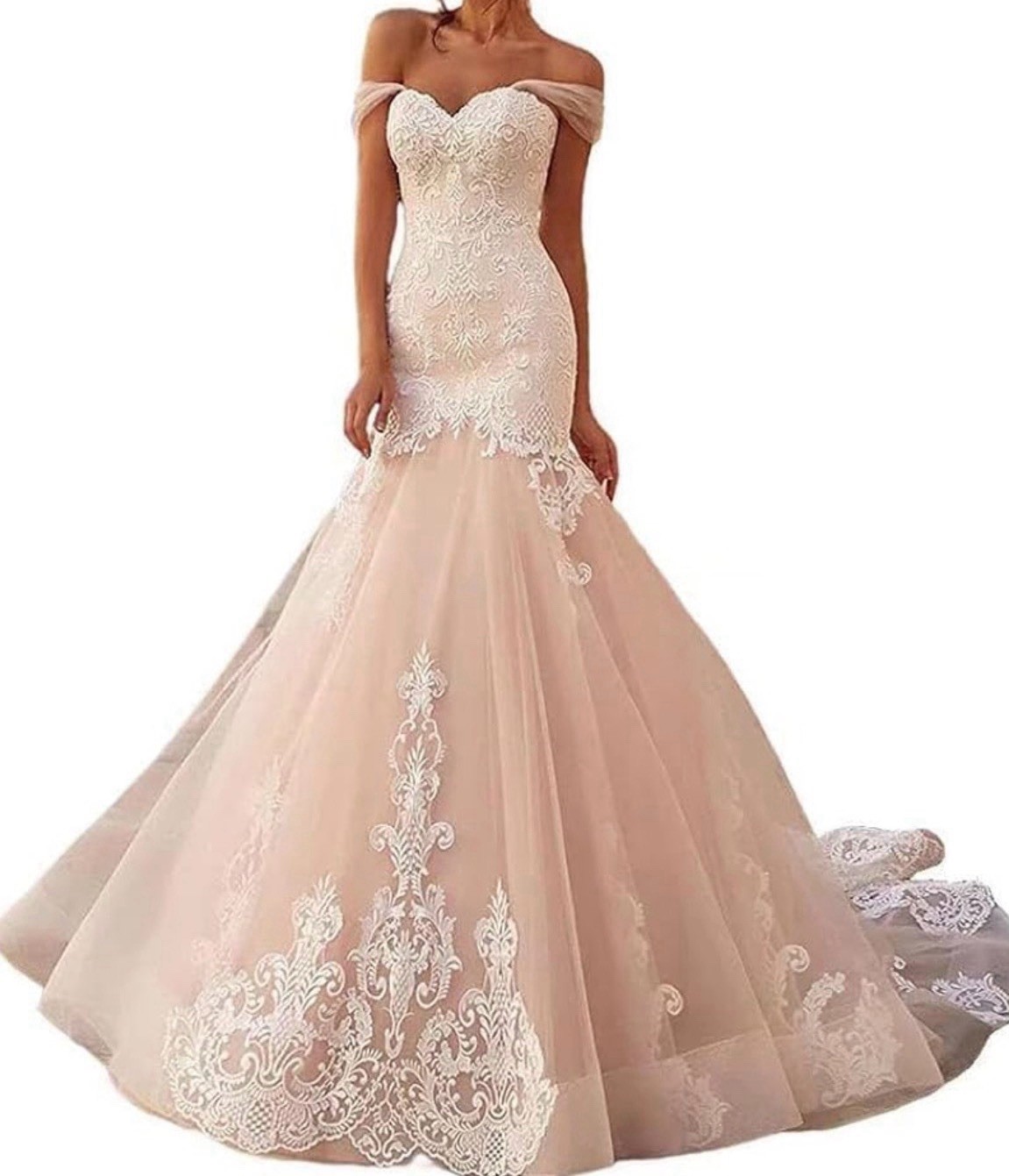 Ivory Off-Shoulder Portrait Lace Mermaid Wedding Dress w/ Train Corset Back