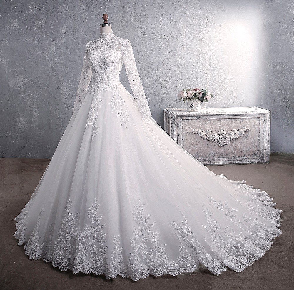 White/Ivory Lace Wedding Dresses BallGown Long Sleeve Applique BridalGown Custom