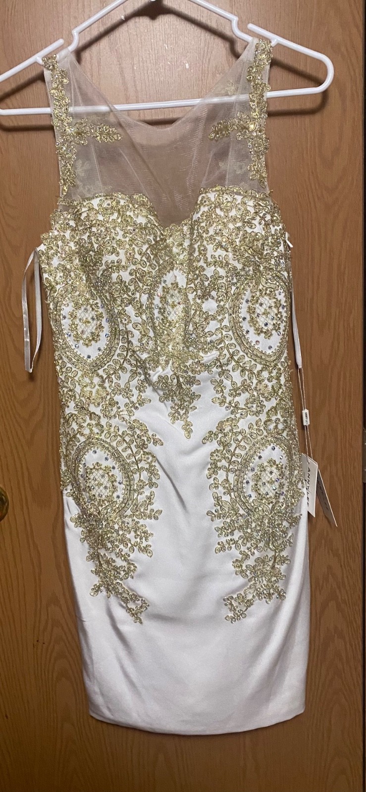 NWT Anny Lee White & Gold Sleeveless Lace Beaded Sweetheart Ball Gown Dress szS