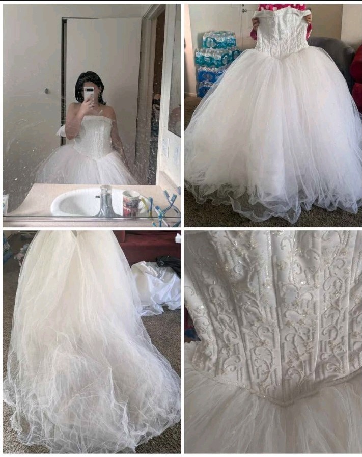 David’s Bridal White Strapless Ball Gown Wedding Dress Lace Beading Size 4