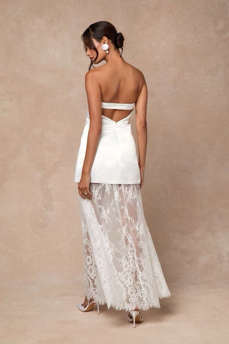 Lulus Winslet Maxi Dress Sz Large White Satin Bridal Sheer Lace Boho Wedding