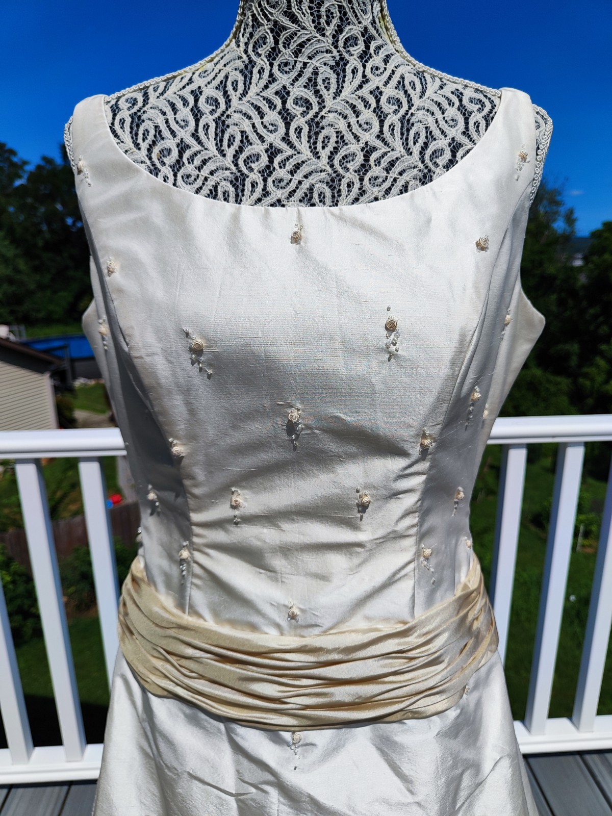 New Wedding Dress Gown M Veil Purse Gloves Long Train Ivory Cream Beaded Corset