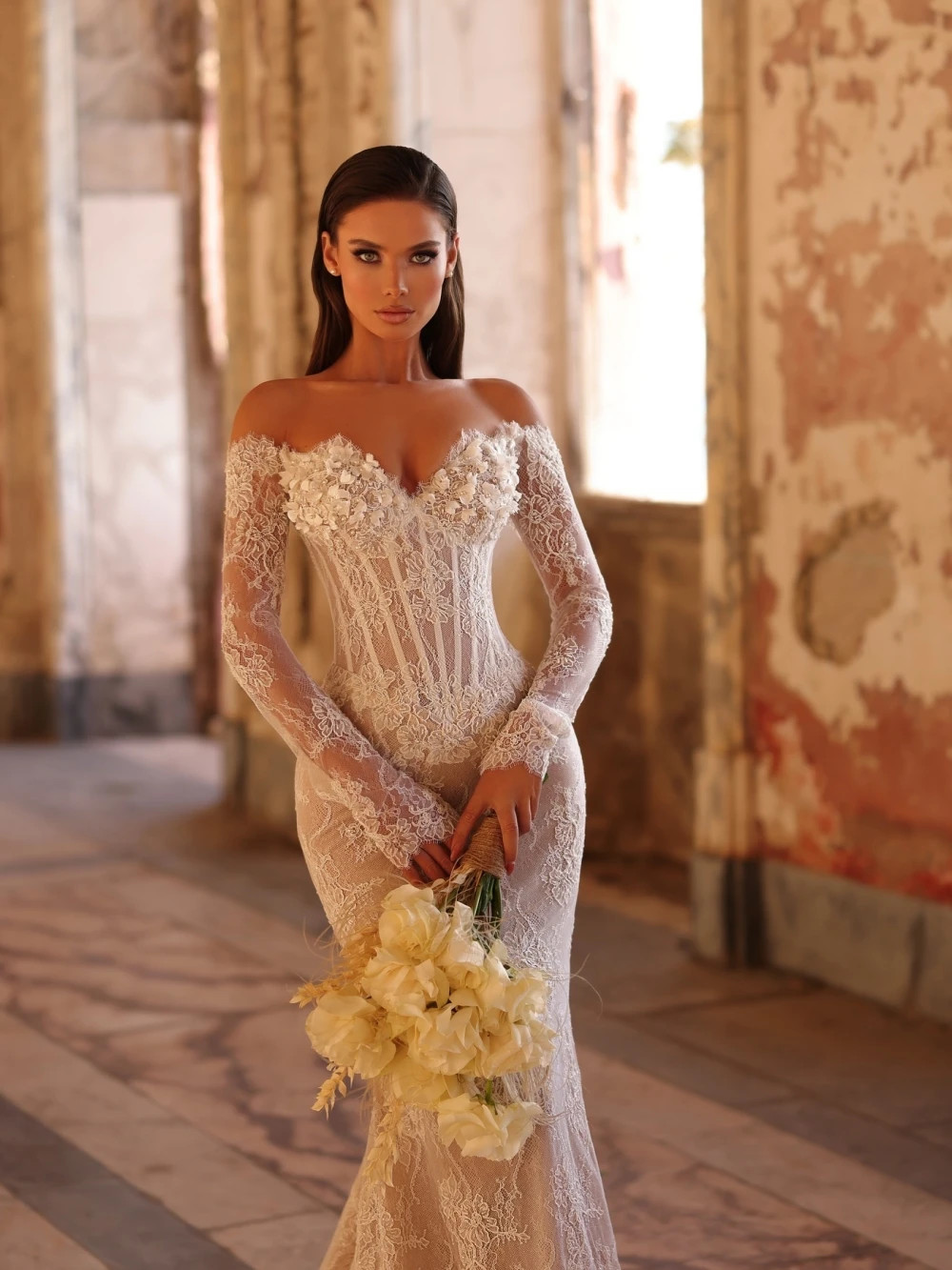 Shiny Pearls 3D Flower Lace Mermaid Wedding Dress Vneck Off Shoulder Bridal Gown