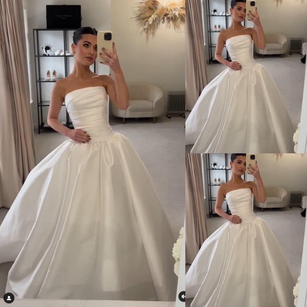 A Line Sleeveless Wedding Dresses Elegant White Ivory Satin Beach Bridal Gowns
