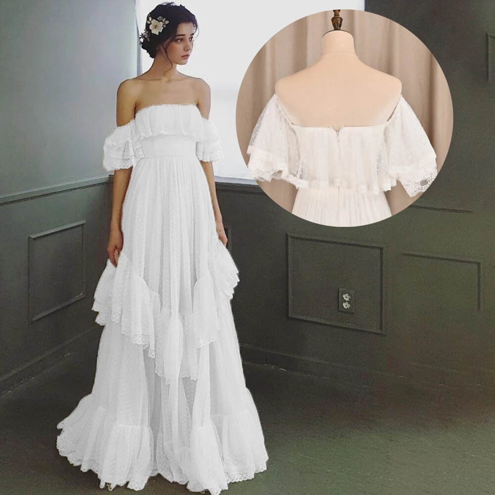 Victorian Wedding Dresses Tiered Lace Ruffle Bridal Gowns Off Shoulder Rustic