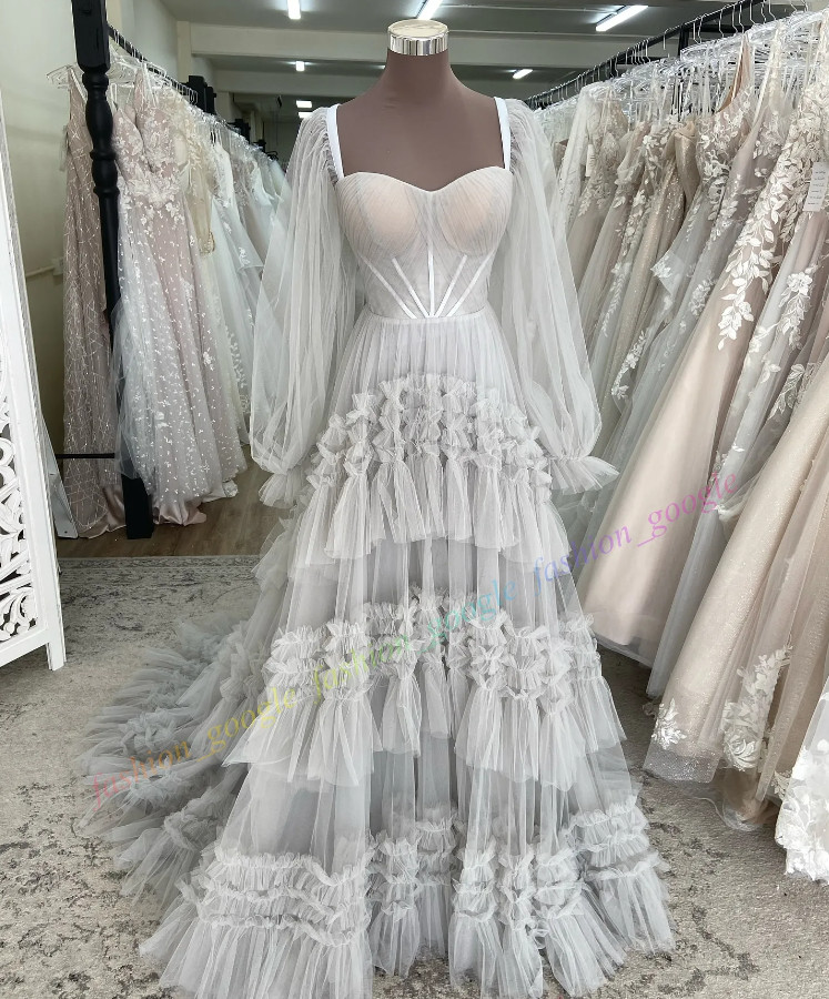 Dusty Blue Wedding Dress Detachable Long Blouson Sleeves Ruffle Tulle Boho Garde