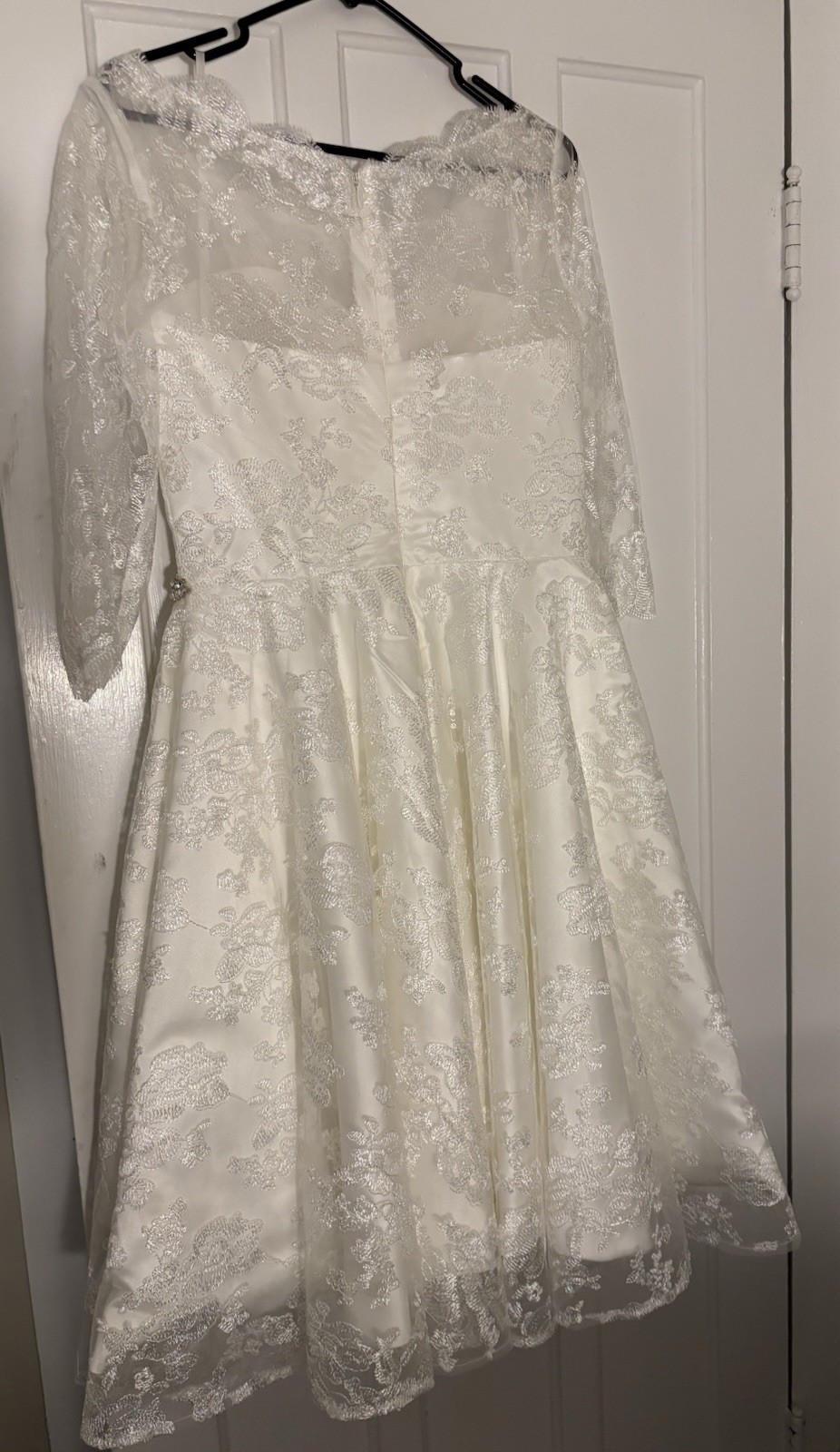June Bridals Tea Length Lace 3/4 Sleeve Wedding Dress Size 12
