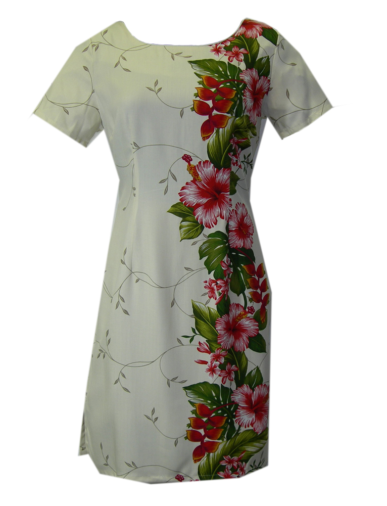 Hawaiian Short Sleeve Rayon Cream Red Hibiscus Flower Ladies Tank Dress-S-L