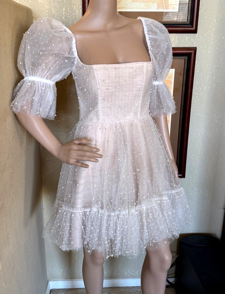 By Watters Macaron Ivory Blush Bridal Wedding Puff Sleeve Mini Dress sz 2 NWT
