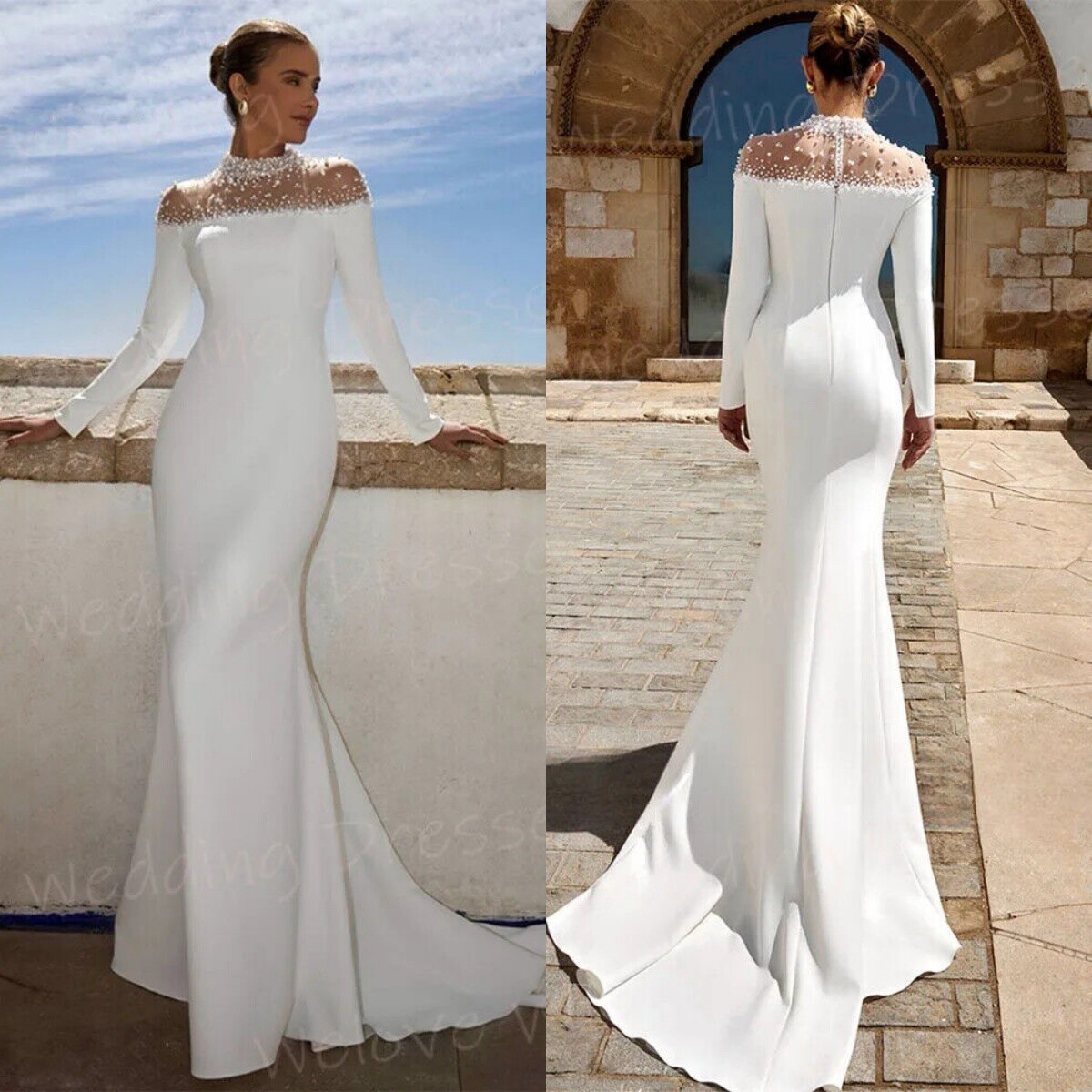 Elegant Mermaid Wedding Dresses Round Neck Long Sleeves Satin Beaded Bridal Gown