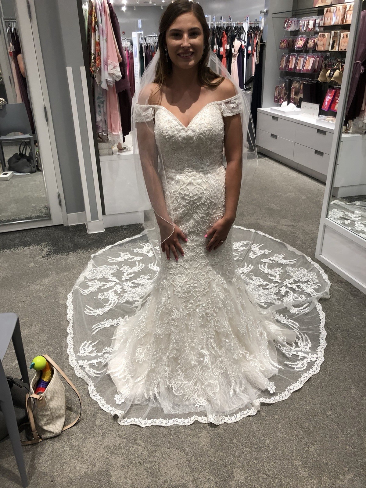 Ivory Lace Portrait Off-Shoulder Mermaid & Trumpet Wedding Dress with Train