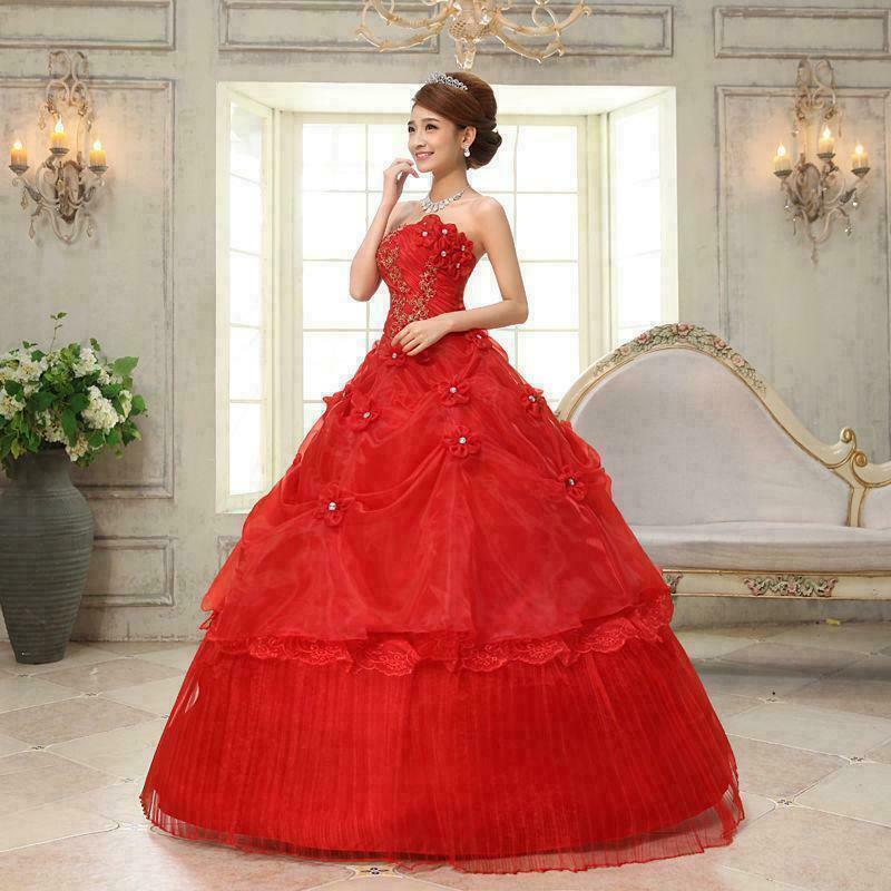 Lady Chic Floral Red Wedding Ball Gown Bride Frock Dress Strapless Elegant
