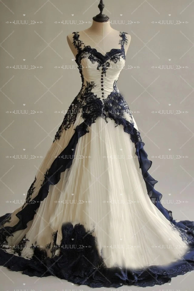 Gothic White and Black Wedding Dresses V Neck Ruffly Lace Applique Bridal Gowns