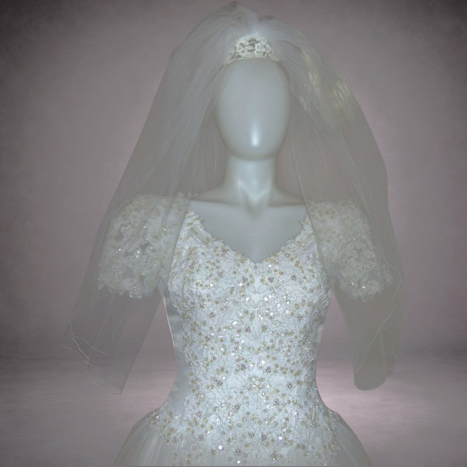 Vintage Beaded Lace Wedding Dress Sz 4 Bridal Set w/ Veil Headpiece & Petticoat