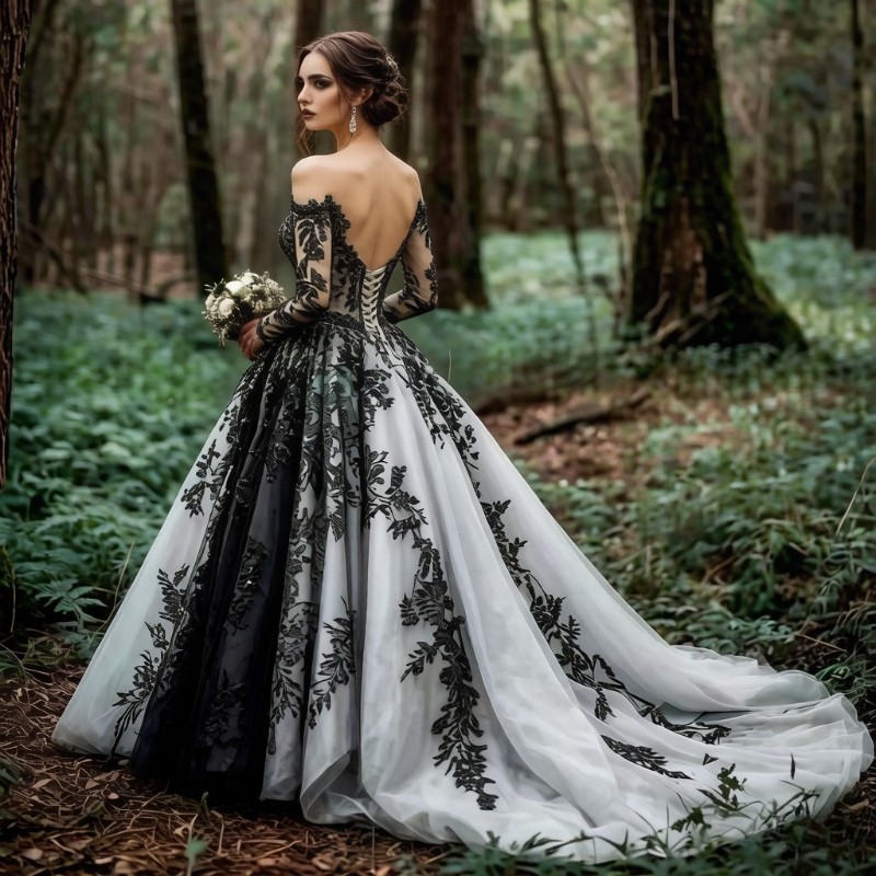 Black and White Vintage Gothic Wedding Dresses Off Shoulder Long Sleeves Bride