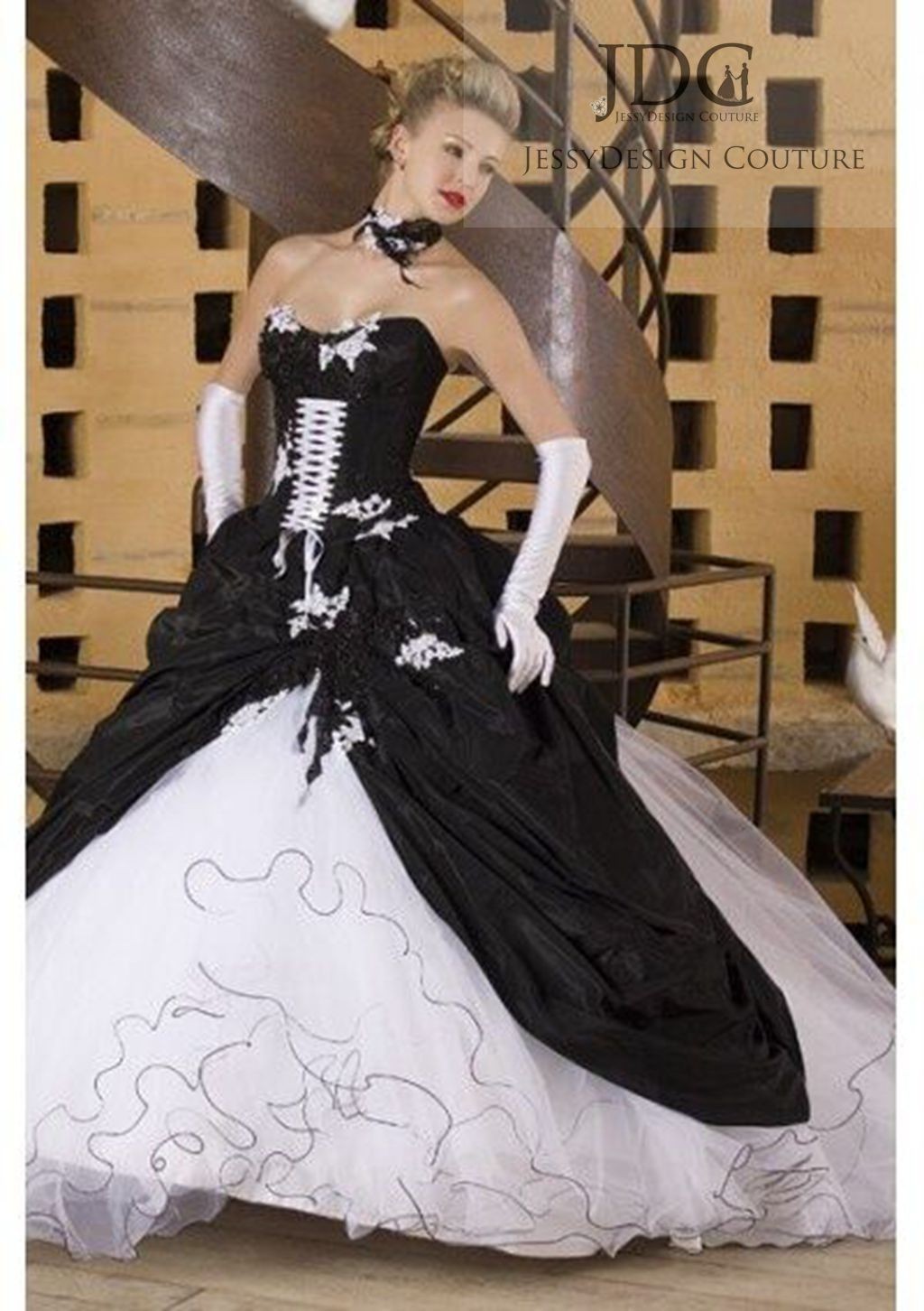 JDC Duchesses Black White Party Dress Bridal Gown Wedding Dress 32-60 Plus Size