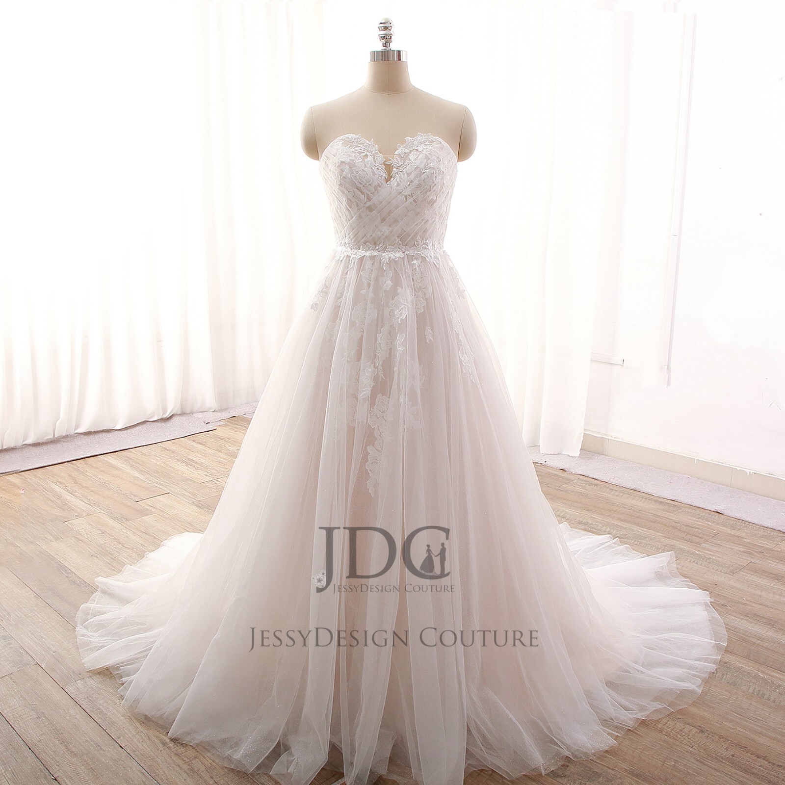 Flowly Glitter Tulle Wedding Dress Bridal Gown Custom made Plus Size Blush Ivory