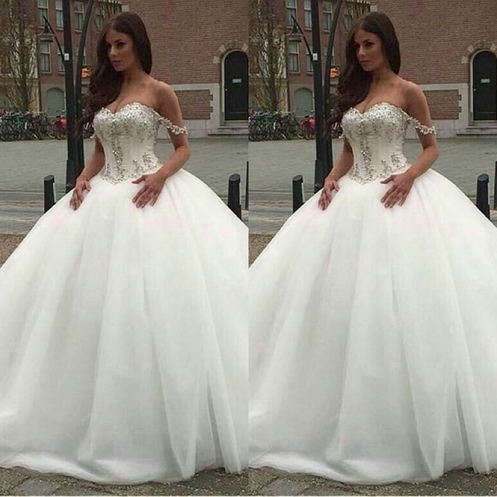 Elegant Wedding Dresses Off Shoulder Beading A Line Sweep Train Bridal Gowns