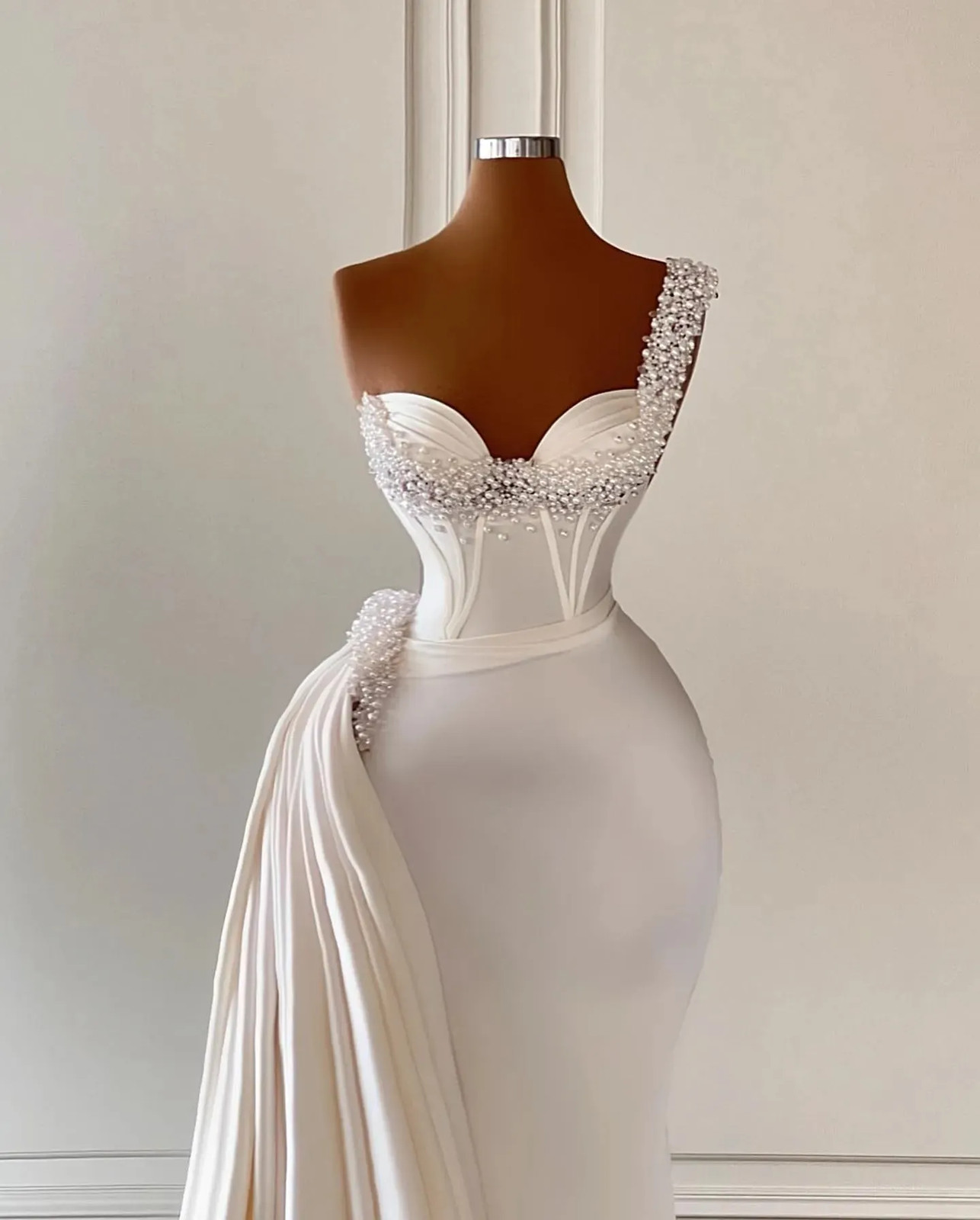 Ivory One Shoulder Mermaid Wedding Gown Beaded Draped Satin Train Bridal Dress