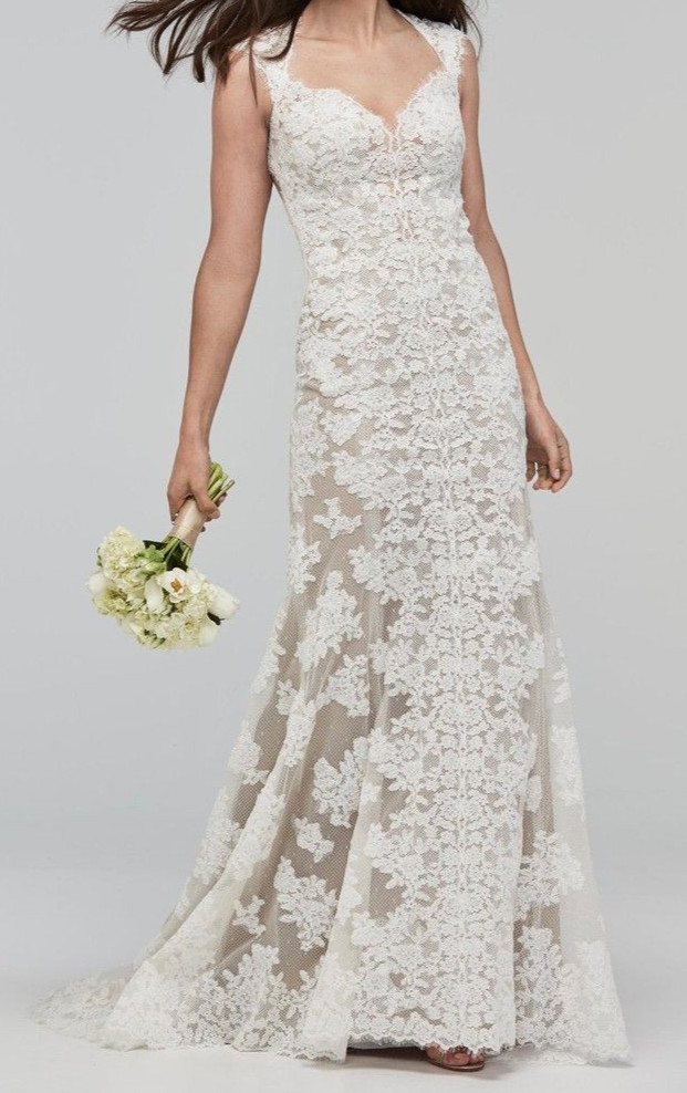 Watters Wtoo Telvanise 19101 Wedding Dress 10 Ivory Nude Lace Sheath Illusion