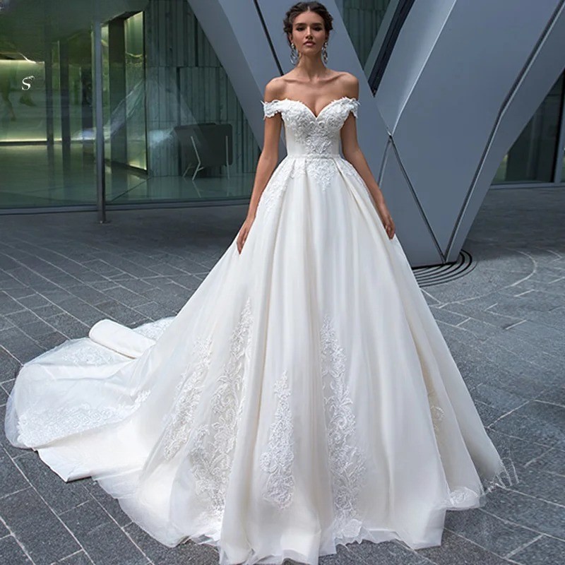 Off Shoulder Princess WeddingDress Appliques Sleeveless Beaded A-Line Bride Gown