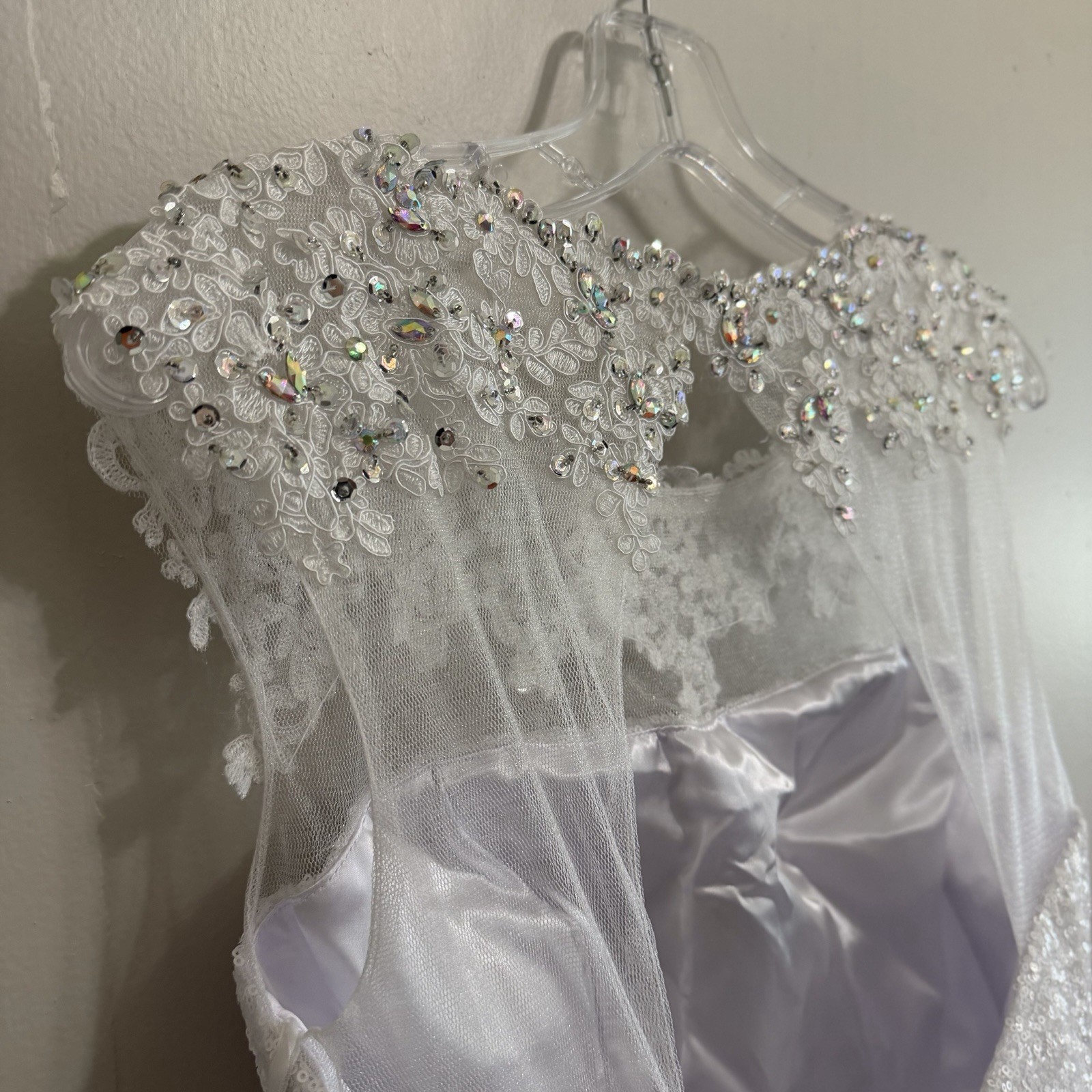 Let’s 5522 White Illusion Cap Sleeve Lace Beaded Sequin Tulle Dress L