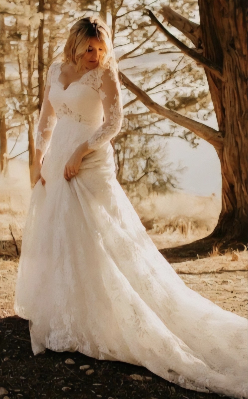 New WEDDING DRESS, Ivory, Lace, A-line, V-neck, 3/4 Sleeve