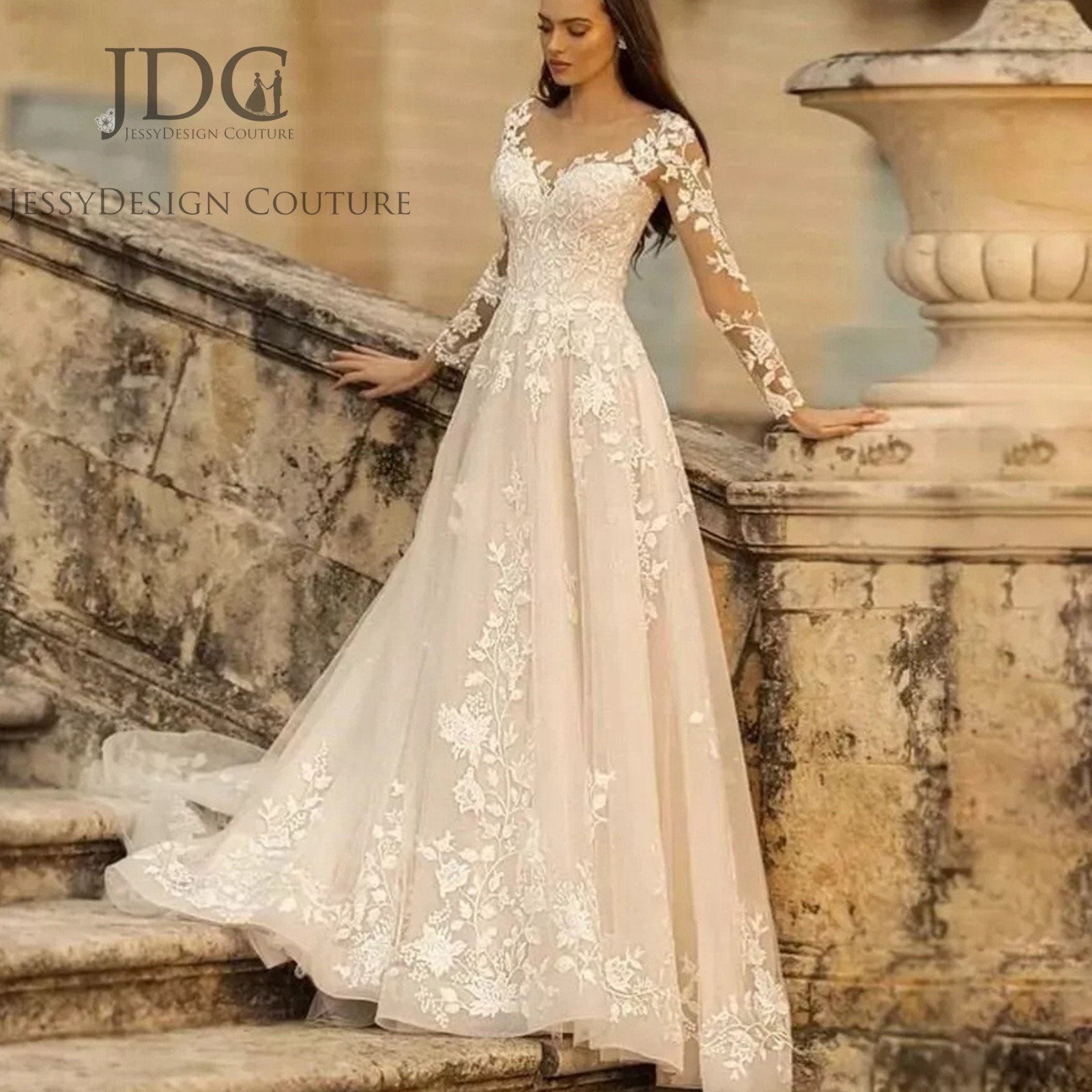 Ivory Long Sleeve Floral Lace Wedding Dress Wedding Dress 32-60 Lace Up A-Line Top
