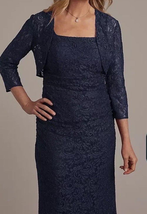 OLEG CASSINIRuched Glitter Lace Long Jacket DressSTYLE# D40NY23457V1