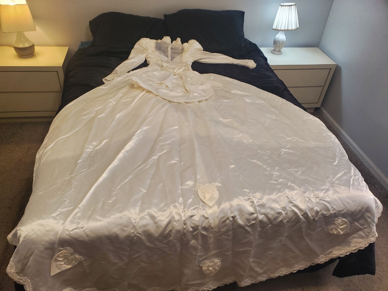 Vintage 80s Wedding Dress Sz Medium (12P?) Acetate Satin Long Sleeve High Neck