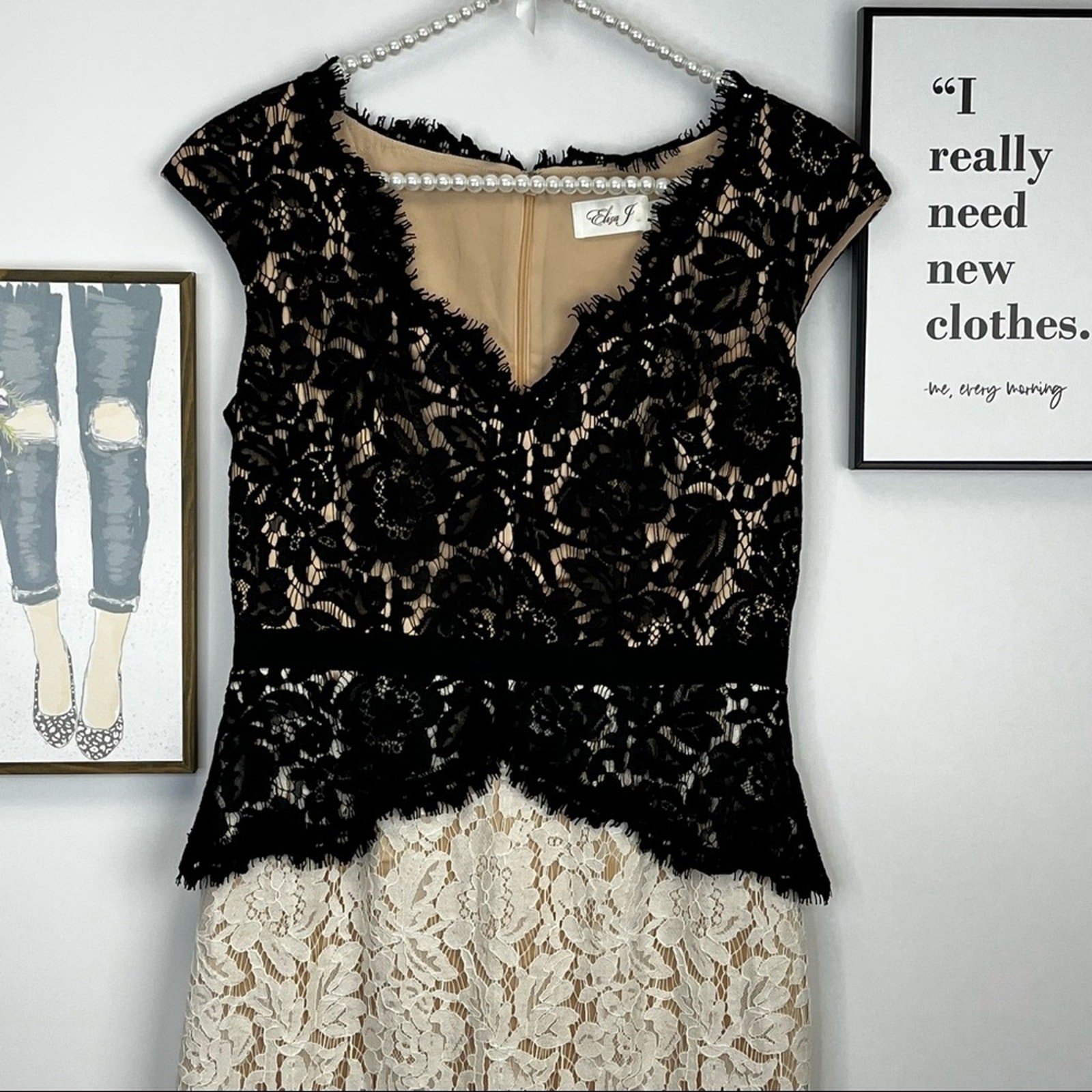 Eliza J Black and White Lace Nude Fully Lined Knee Length Dress Size 4