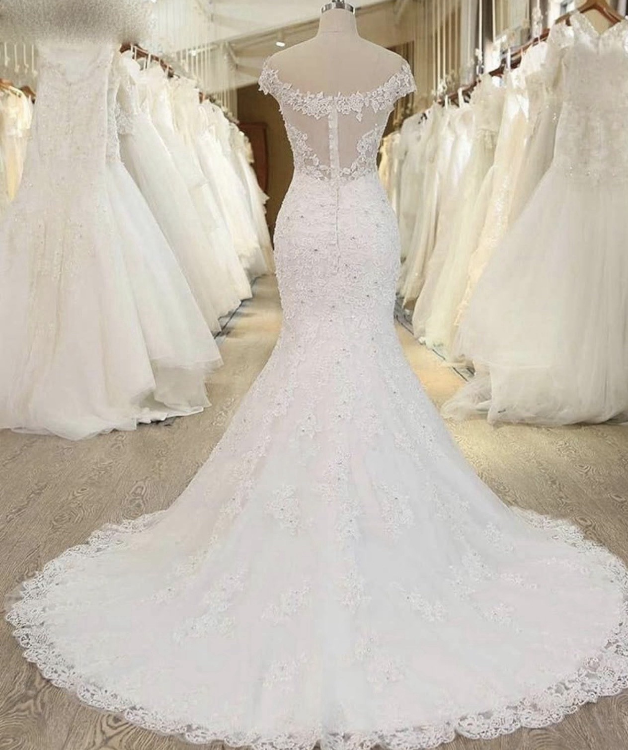 White Lace Mermaid Wedding Dress Off-Shoulder Cap Sleeve Train Beading Buttons
