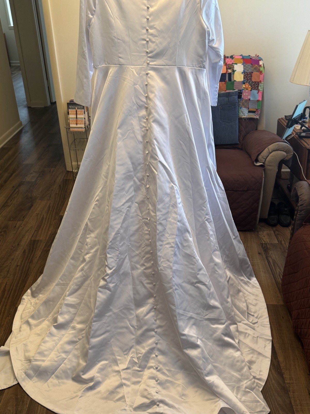 White Satin A-Line Wedding Dress 3/4 Sleeve Boat Neck Button Back Train 13/14