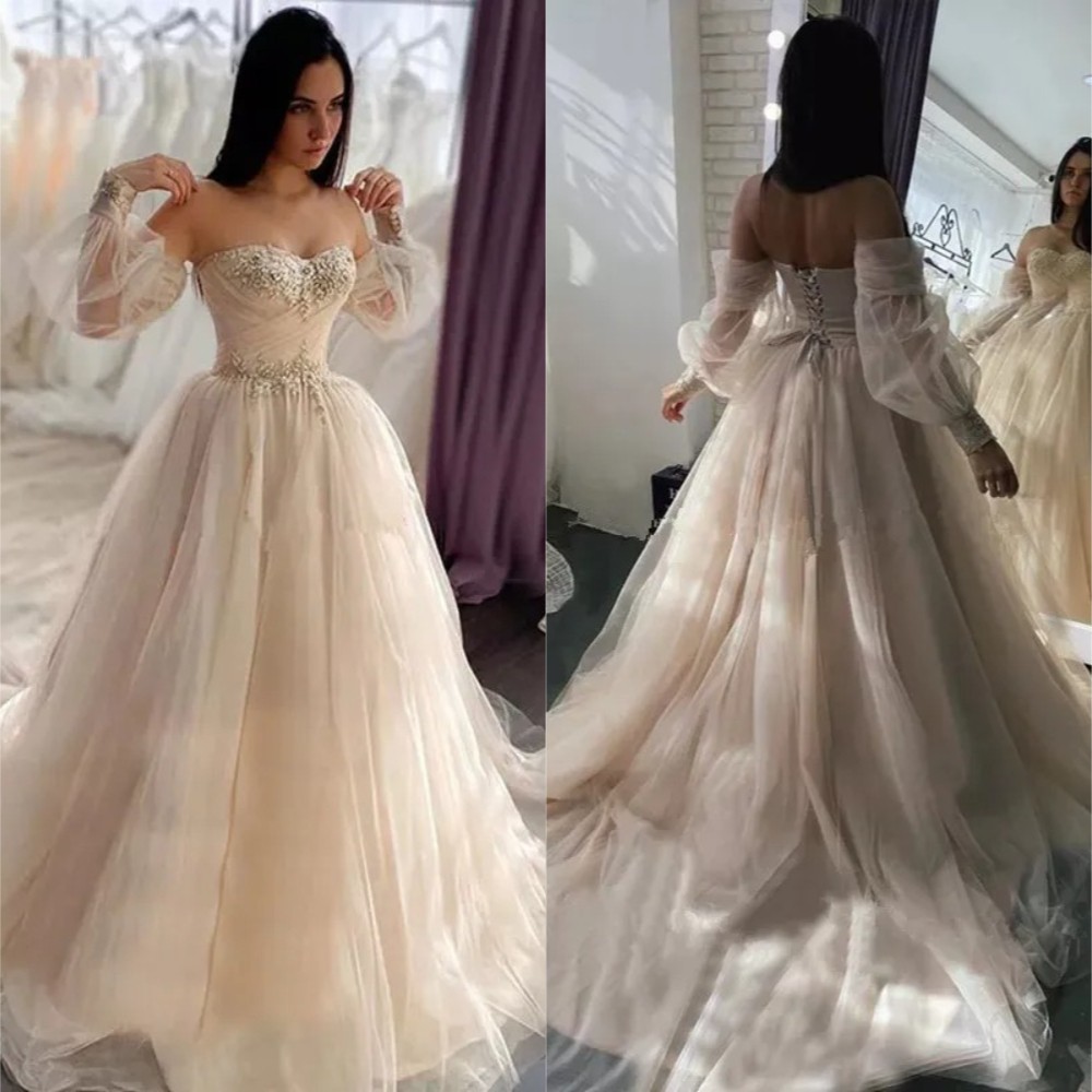 Boho A-Line Sweetheart Lace Appliques Wedding Dresses Puffy Sleeves Bridal Gowns