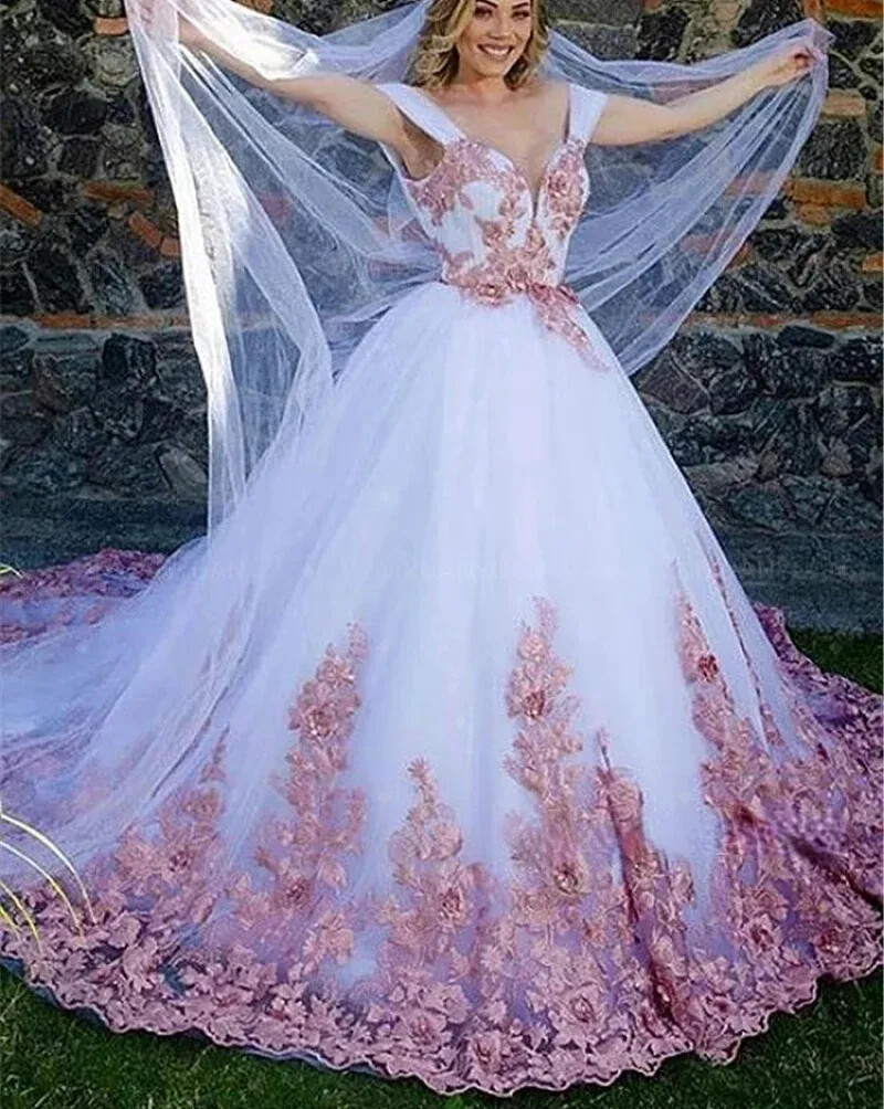 White Pink A Line Wedding Dress Lace Appliques Open Back Romantic Bridal Gown