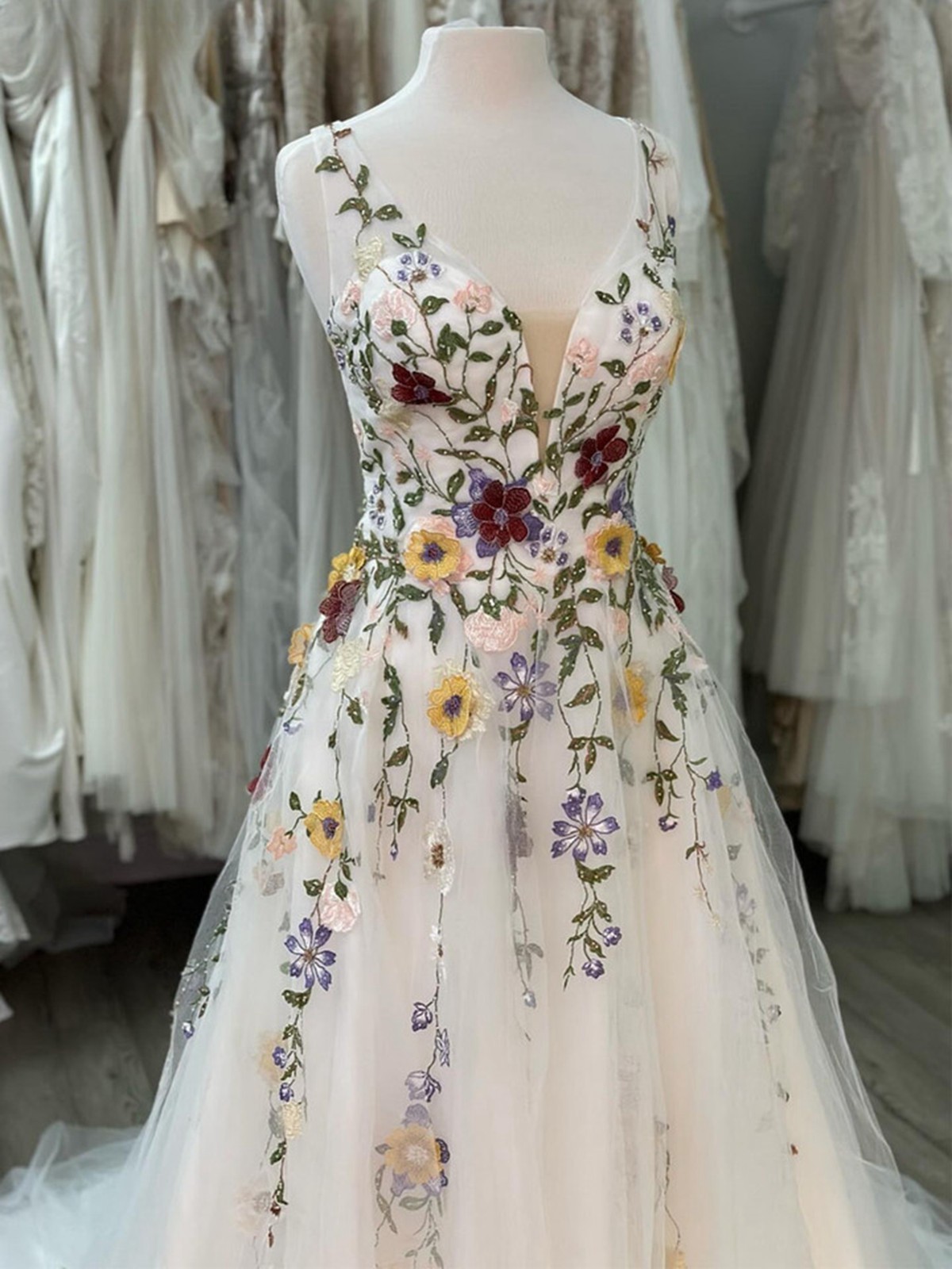 Garden Wedding Bridal Gown Custom Made 32-60 Coloured Lace Leaf Straps