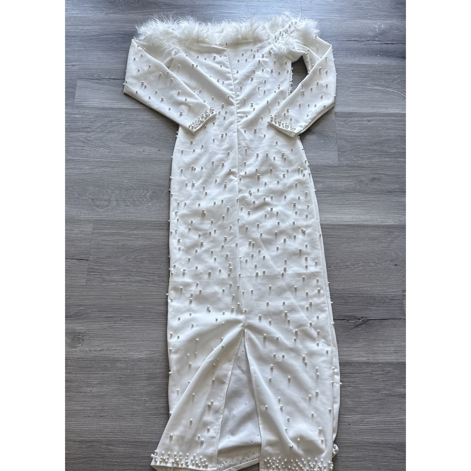 Beaded Pearl Formal Wedding Dress Gown w/Feathers White, Large