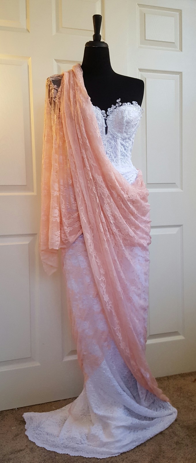Blush Pink & White Corded Lace Sweetheart Corset Saree Sari Wedding Bridal Gown