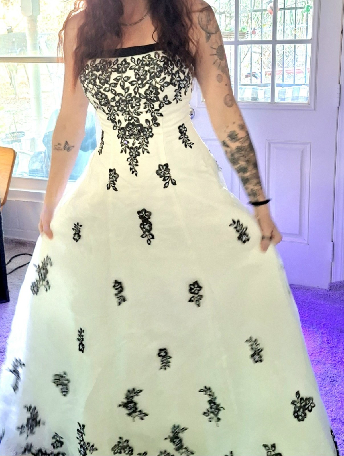 White and Black Embroidered Strapless Gown Wedding Dress with Train