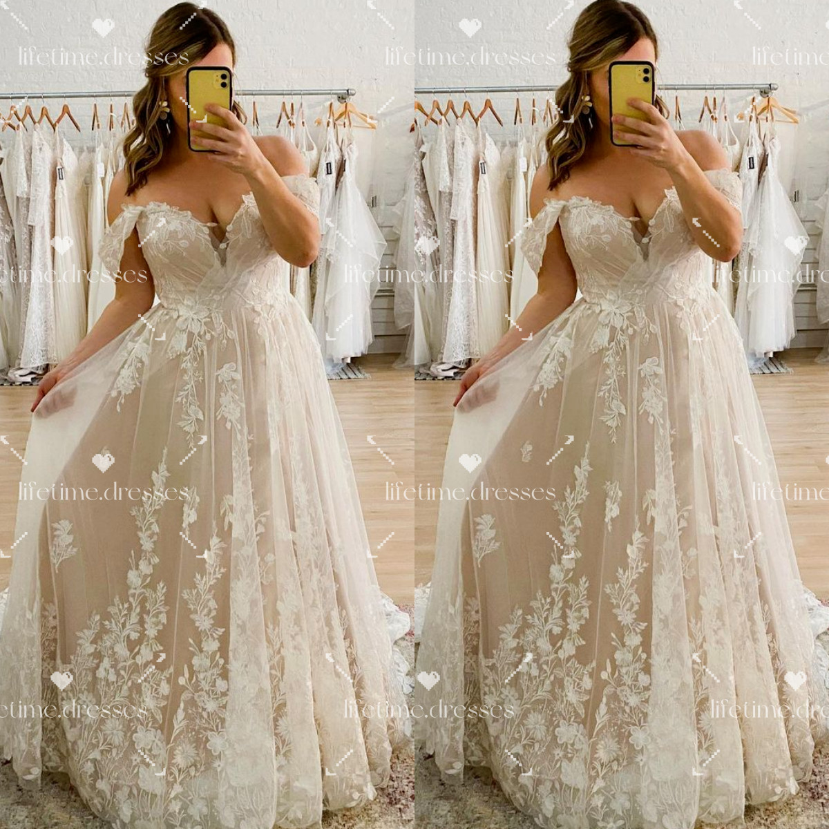 Champagne Wedding Dresses Off Shoulder Lace Elegant Classic Tulle Bridal Gowns