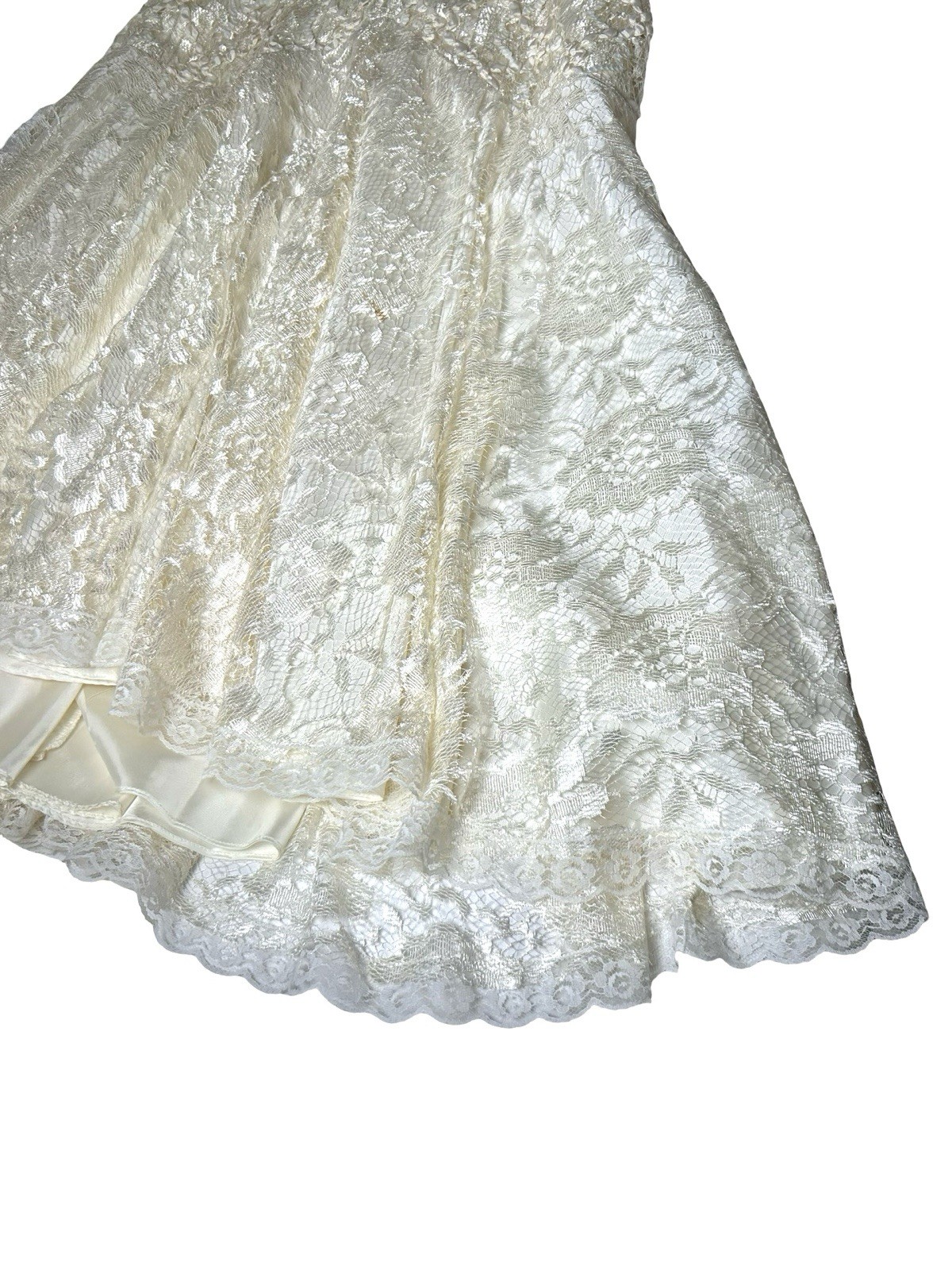 VTG Wedding Dress Sz 11/12 Lace Ivory Drop Waist Tea Length Flutter Sleeve READ