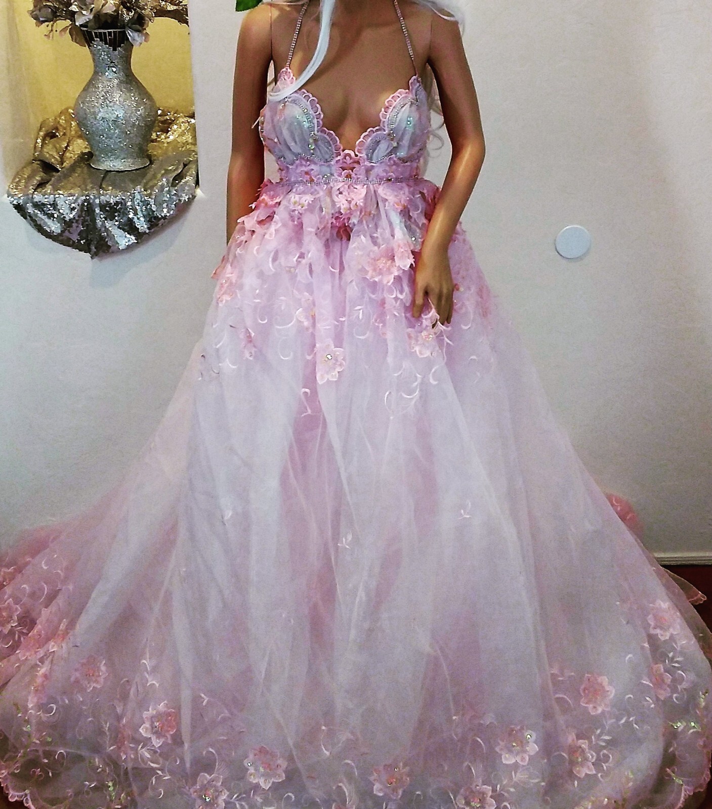 “AMARIS” Pink & White Organza 2 Pc Backless Babydoll Wedding Ballgown Set