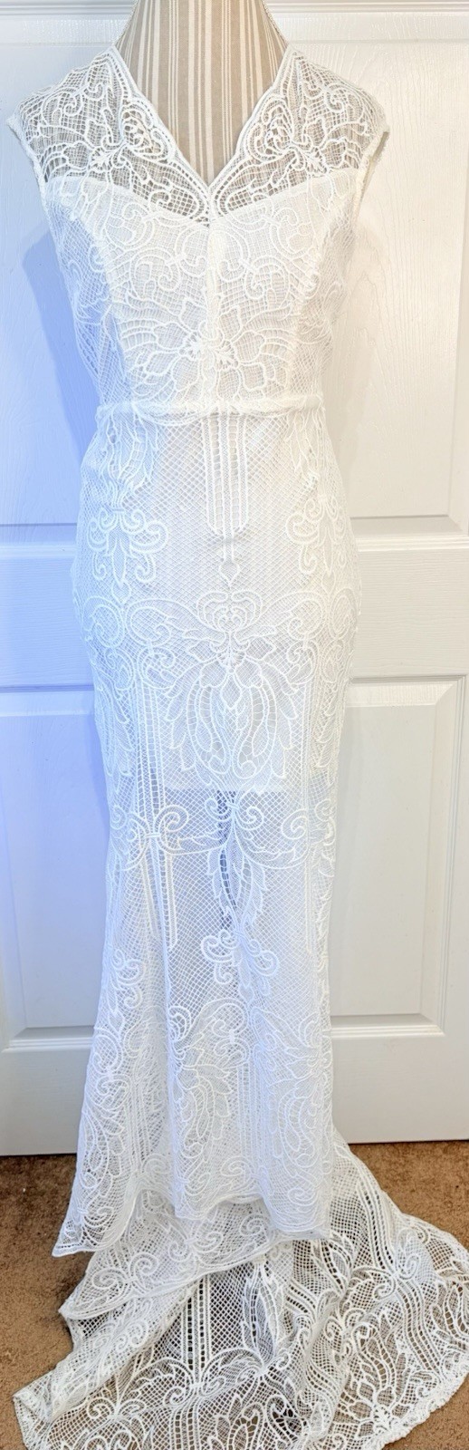 Gorgeous True White BOHO Beach Coastal Lace Cut Out Wedding Dress With Train~8