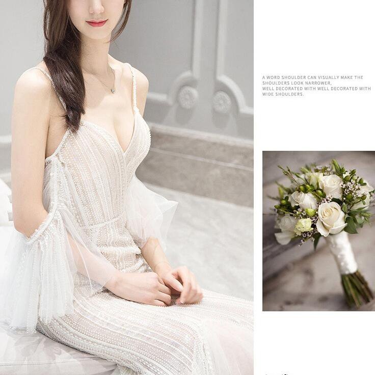 Women Light Wedding Dresses V-Neck Bridal Dress Off Shoulder Beach Lace Trailing