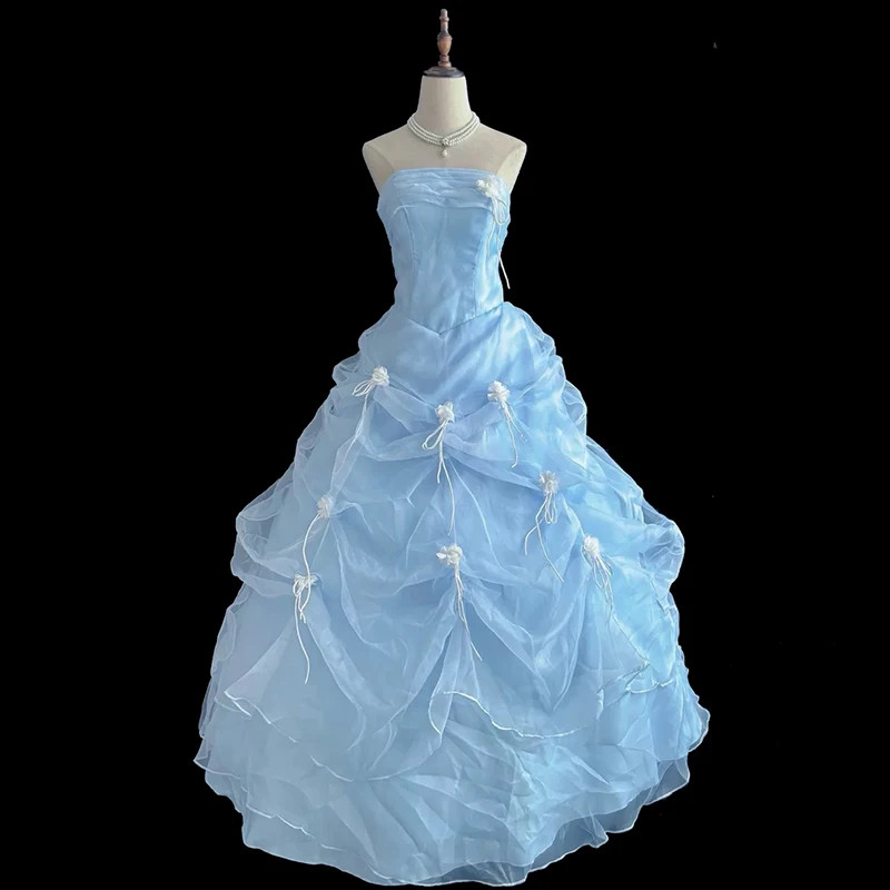 Princess Grass Green Lace Strapless Sleeveless Beading White Flower Bow Ruffles
