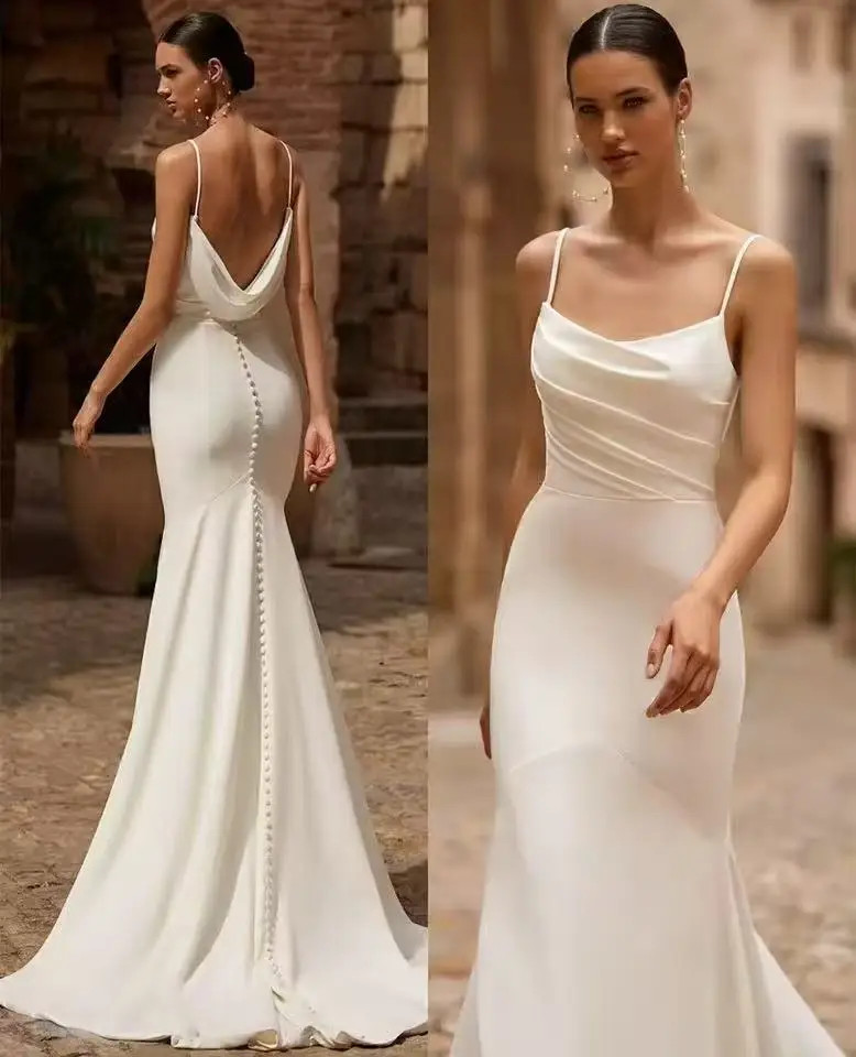 Elegant Long Spaghetti Wedding Dress Mermaid Pleated Buttons Zipper Bridal Gowns