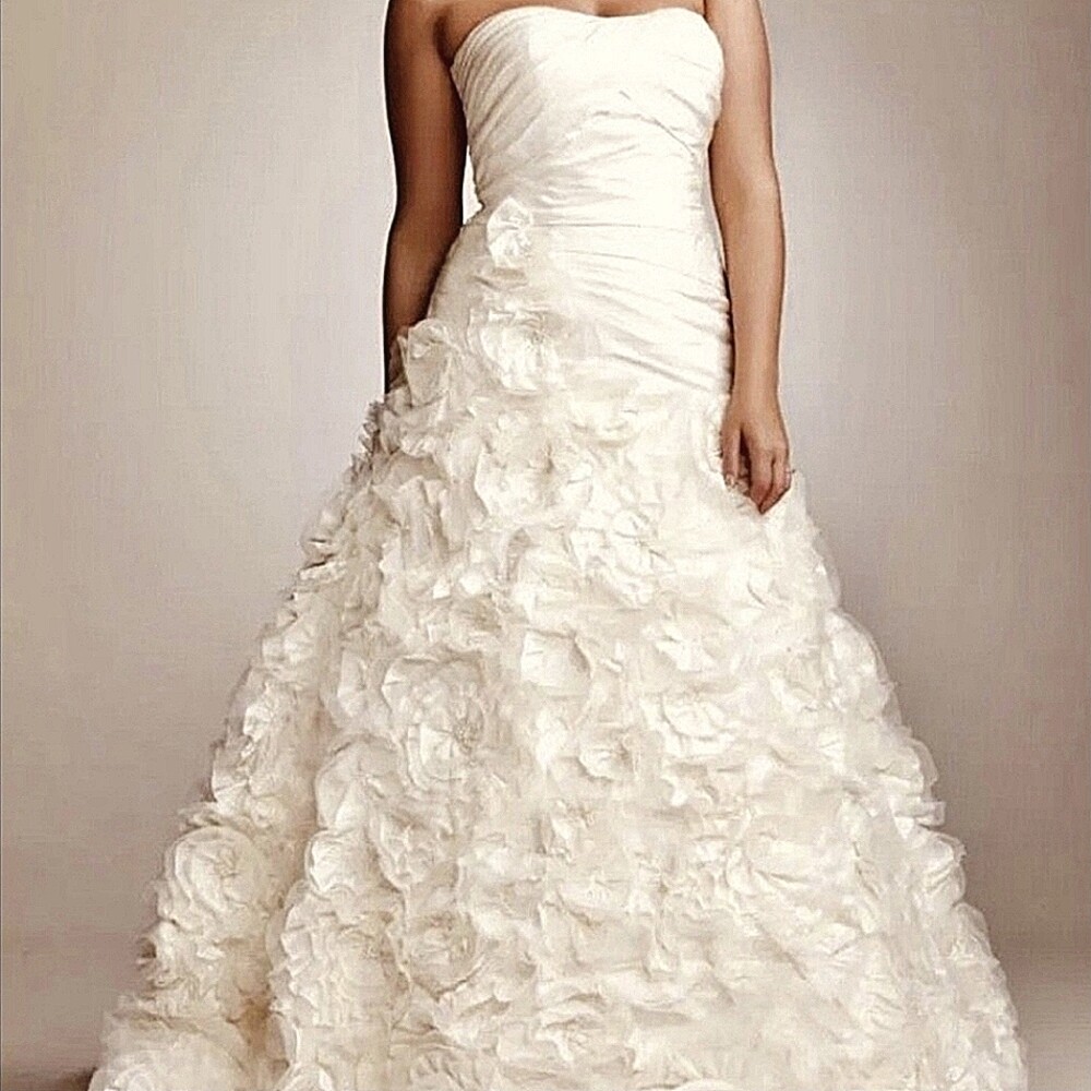 Galina Signature Ivory Strapless Embellished Floral Applique Bridal Gown Sz 16